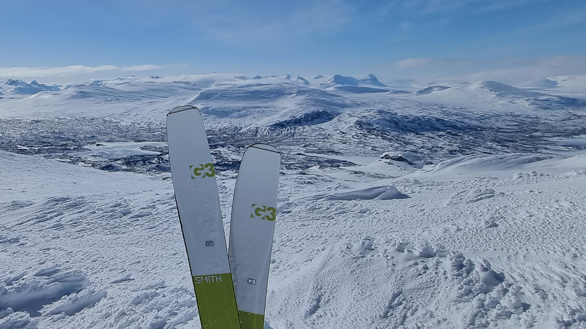 Skis in view of mountains. 