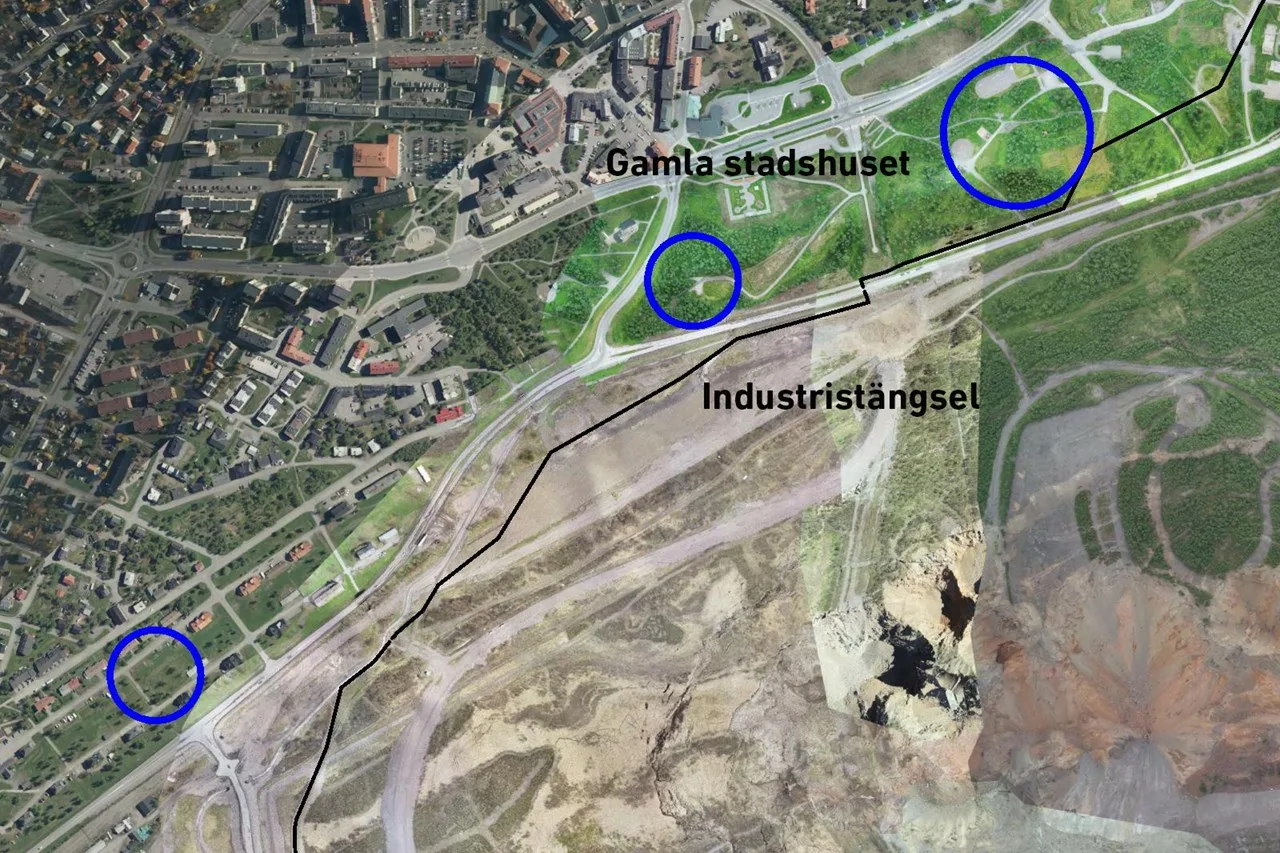Översiktskarta centrala Kiruna med borrhål markerade