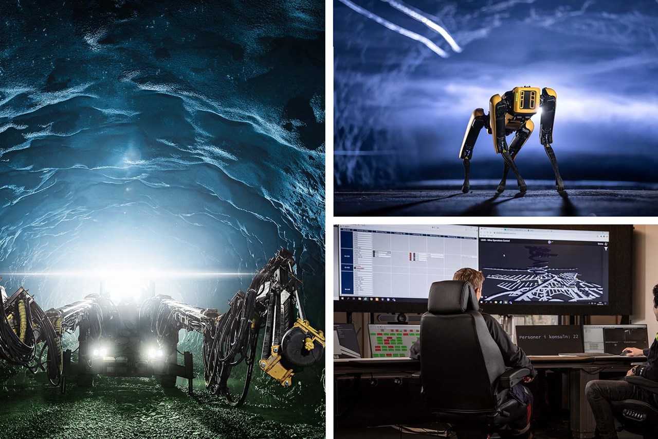 Three different photos in one, the robot dog Spot, a mine vehicle and two persons in a room with screens