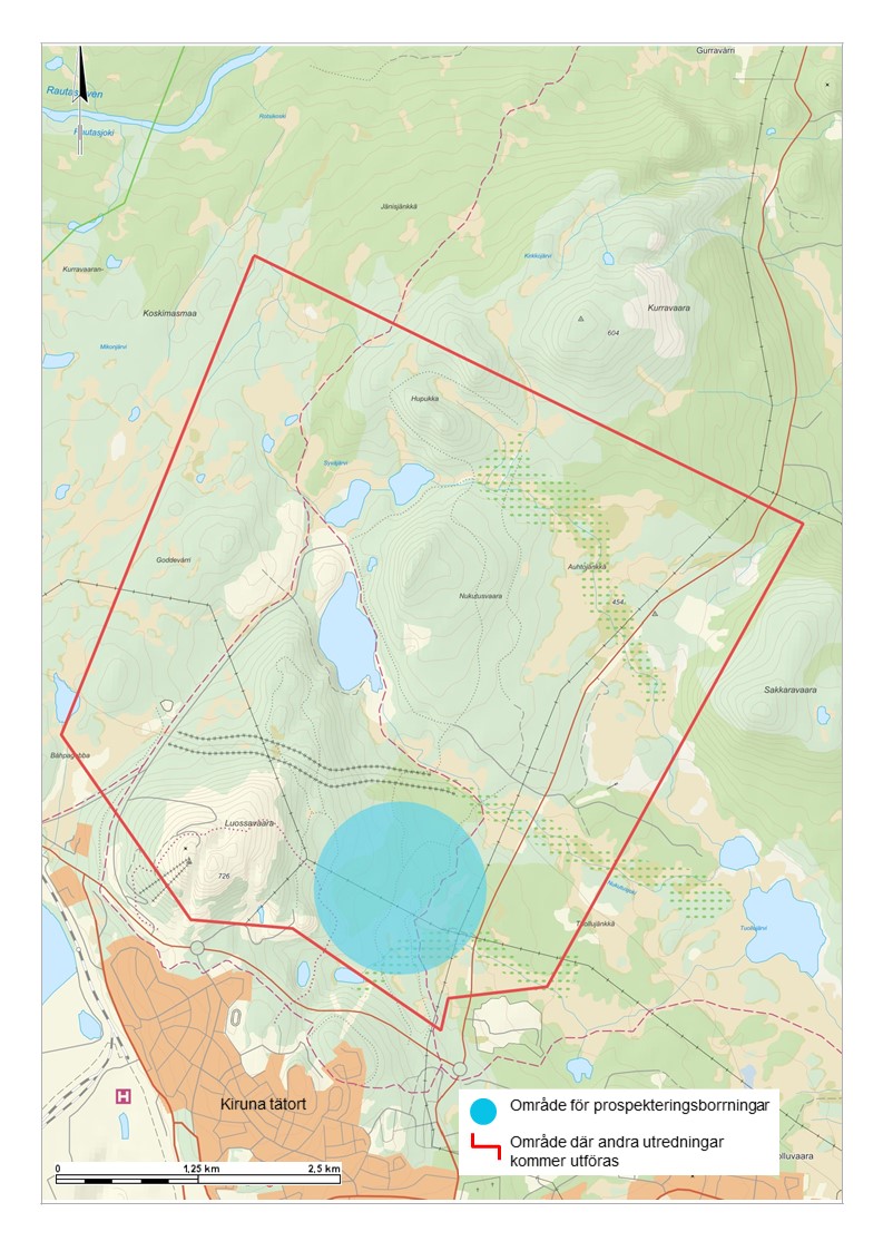 Kartbild över undersökningar i Per Geijerområdet i Kiruna