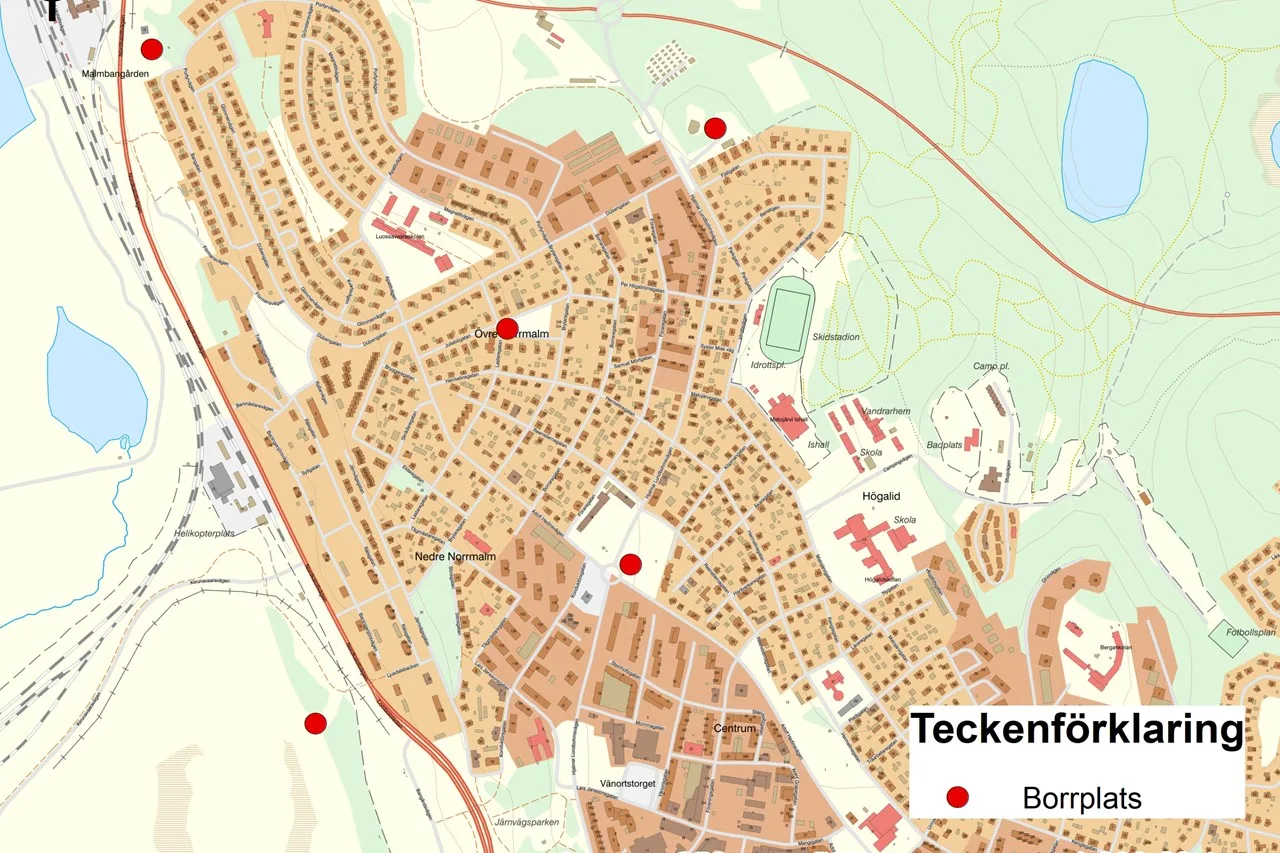 Karta över undersökningsplatser i centrala Kiruna