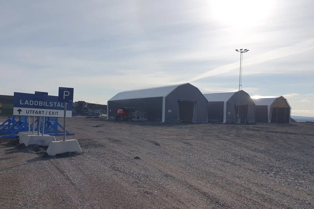 Tents and lighting installed at the LKAB industrial site in Kiruna.