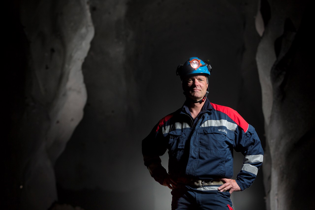 Man in underground mine wearing LKAB clothes