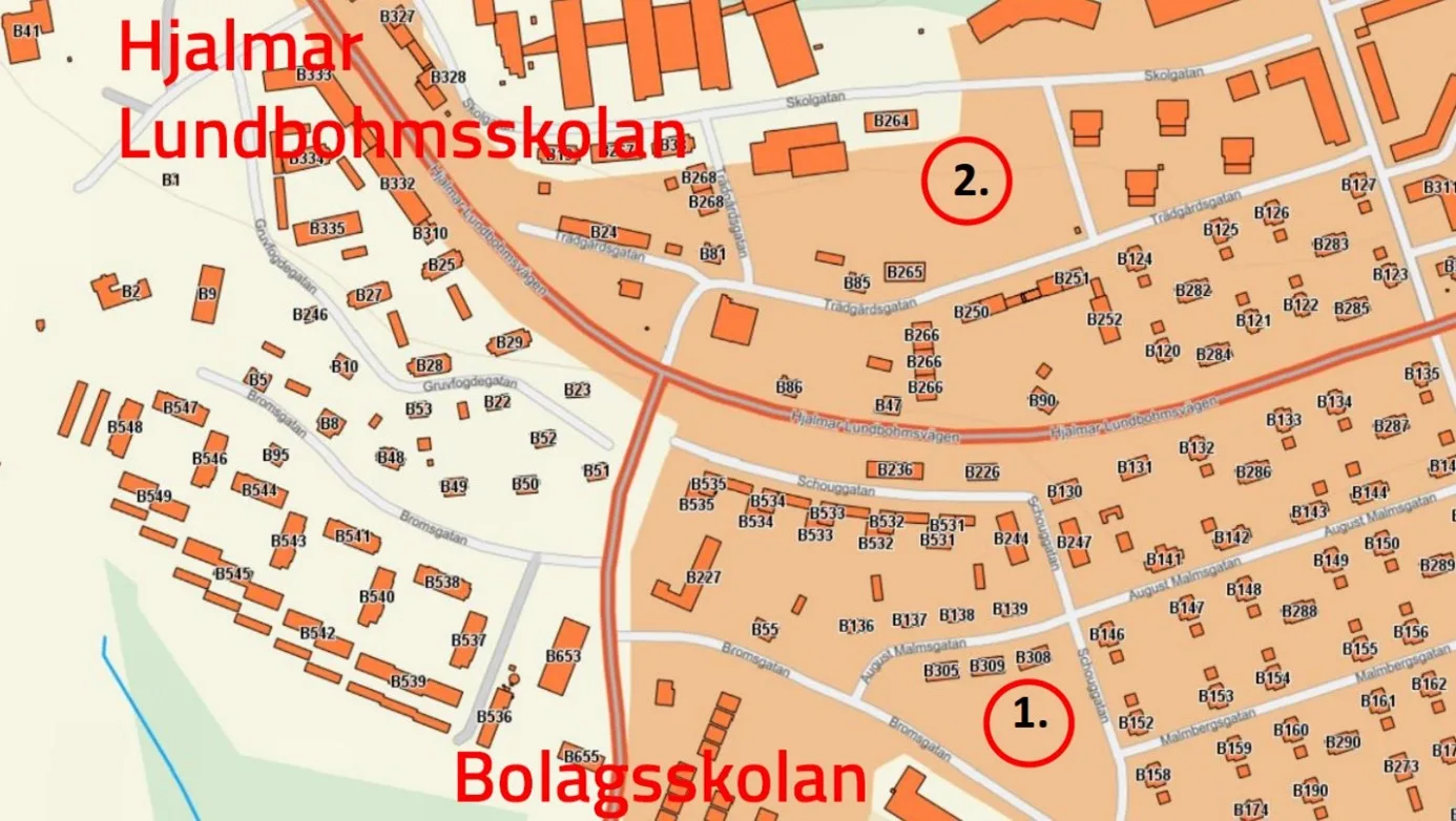 Kartbild över Kiruna med borrplatser utmarkerade