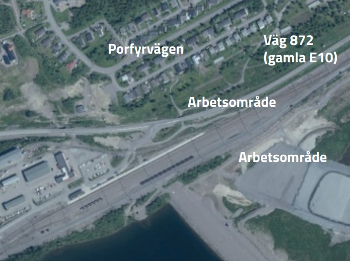 Kartbild över arbetsområden för omdragning av vatten, el och fjärrvärme i Kiruna