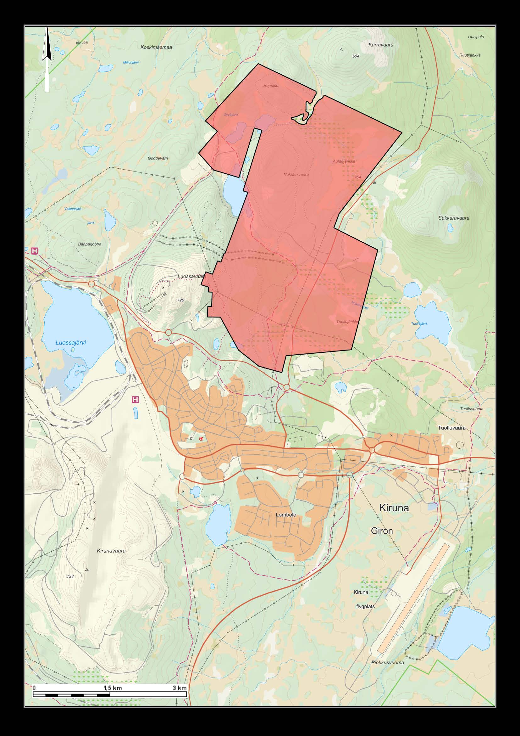 LKAB ska undersöka rödmarkerat område på kartan som visar omgivningarna runt Kiruna.