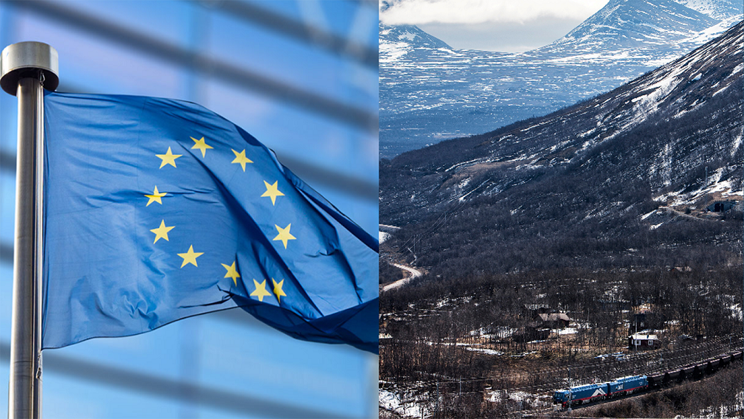 Montage of EU flag and LKAB train in mountainous surroundings