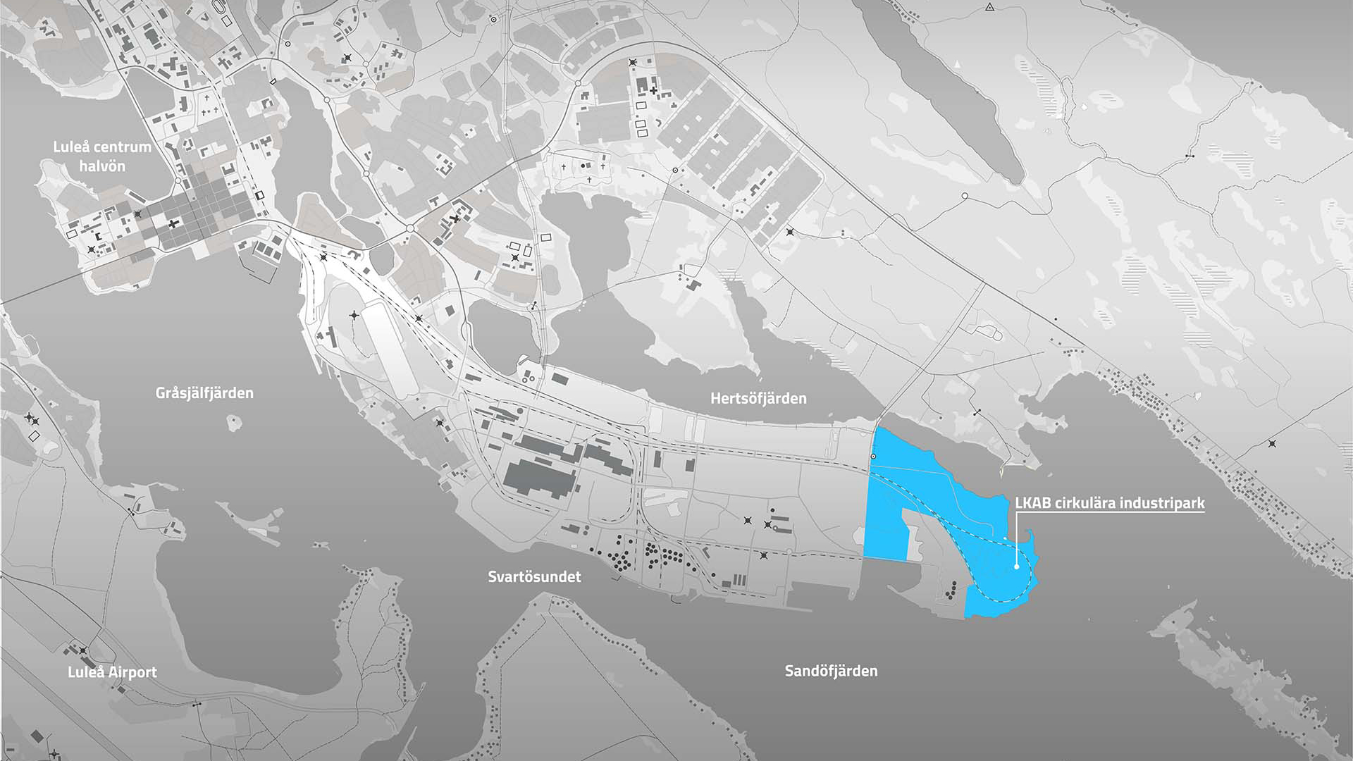 Karta över LKAB:s blivande cirkulära industripark i Luleå. 