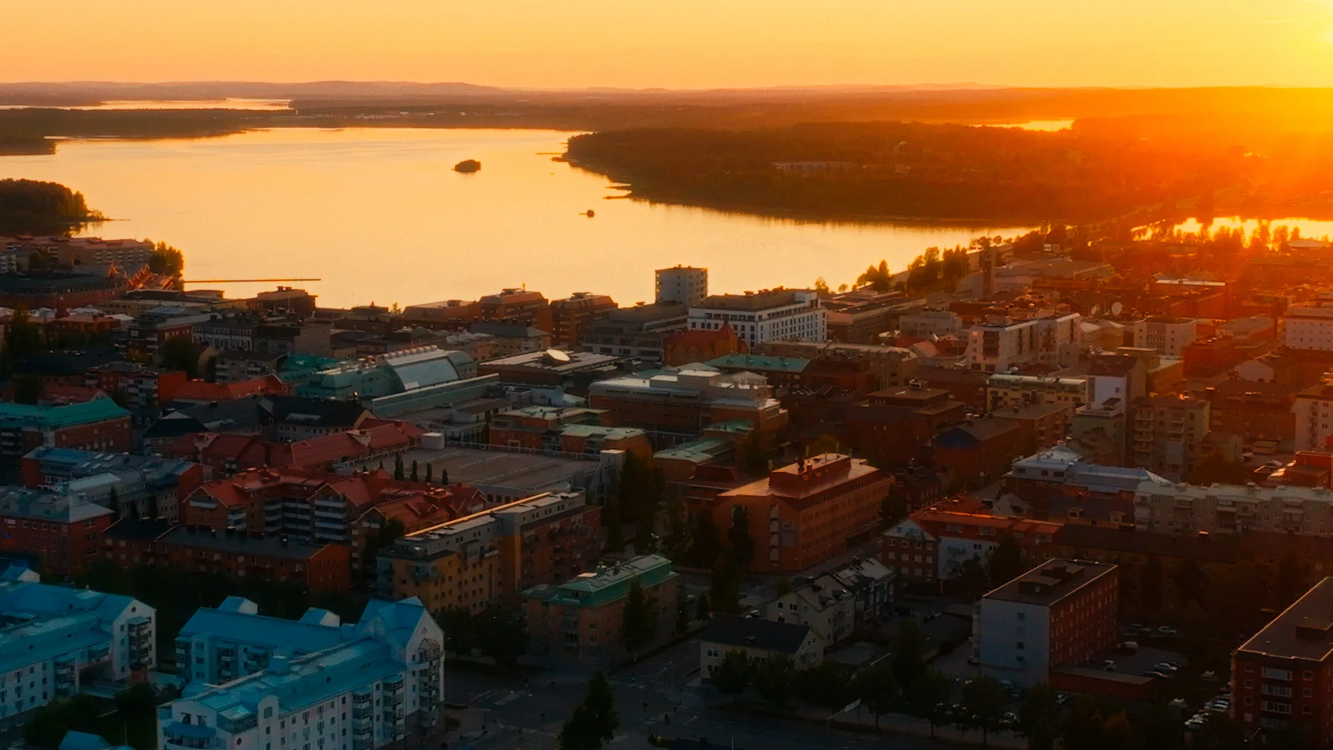 Aerial view of Luleå in sunset