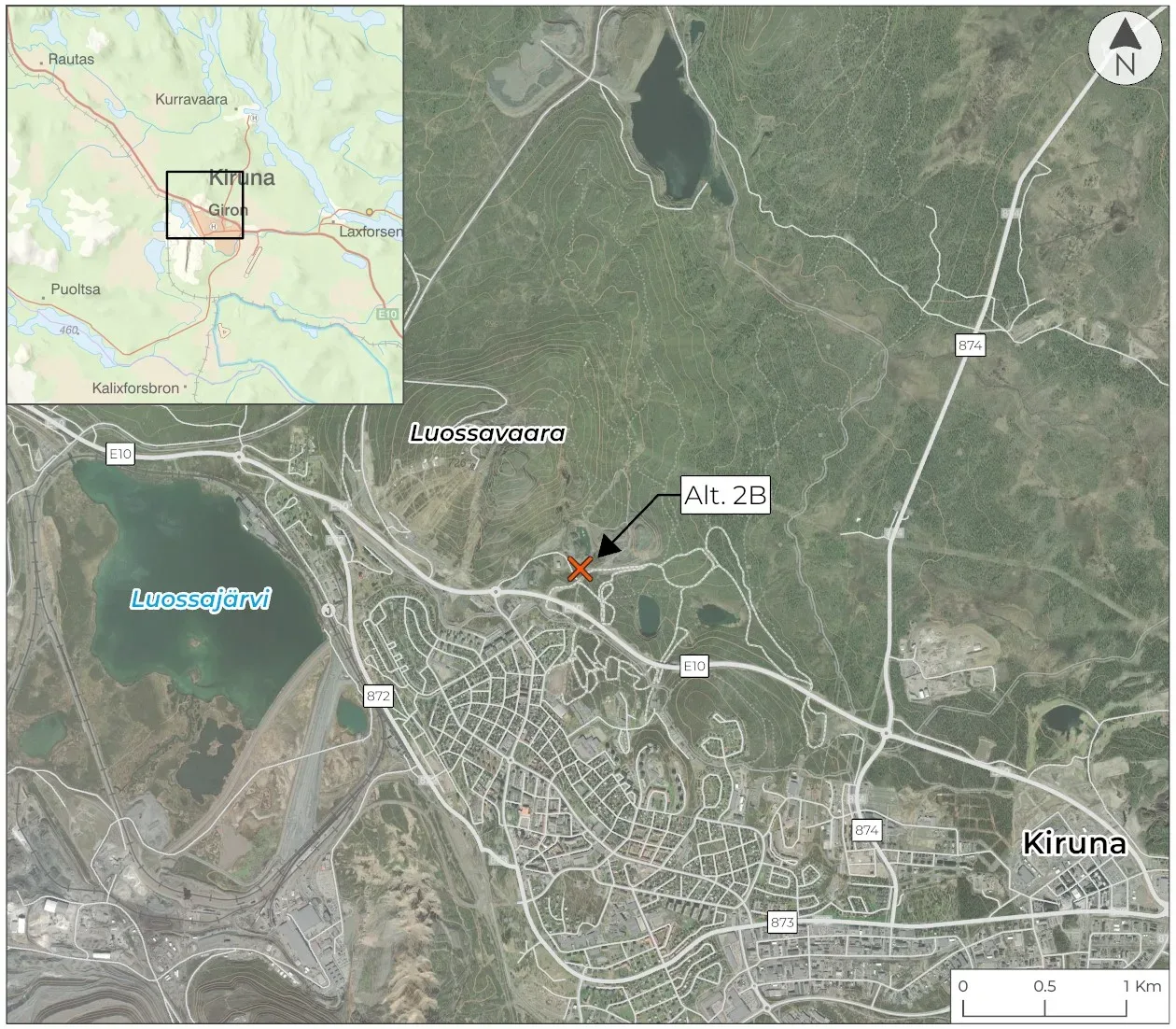 Karta som visar del av Kiruna, med planerad vattenverksamhet utmarkerad