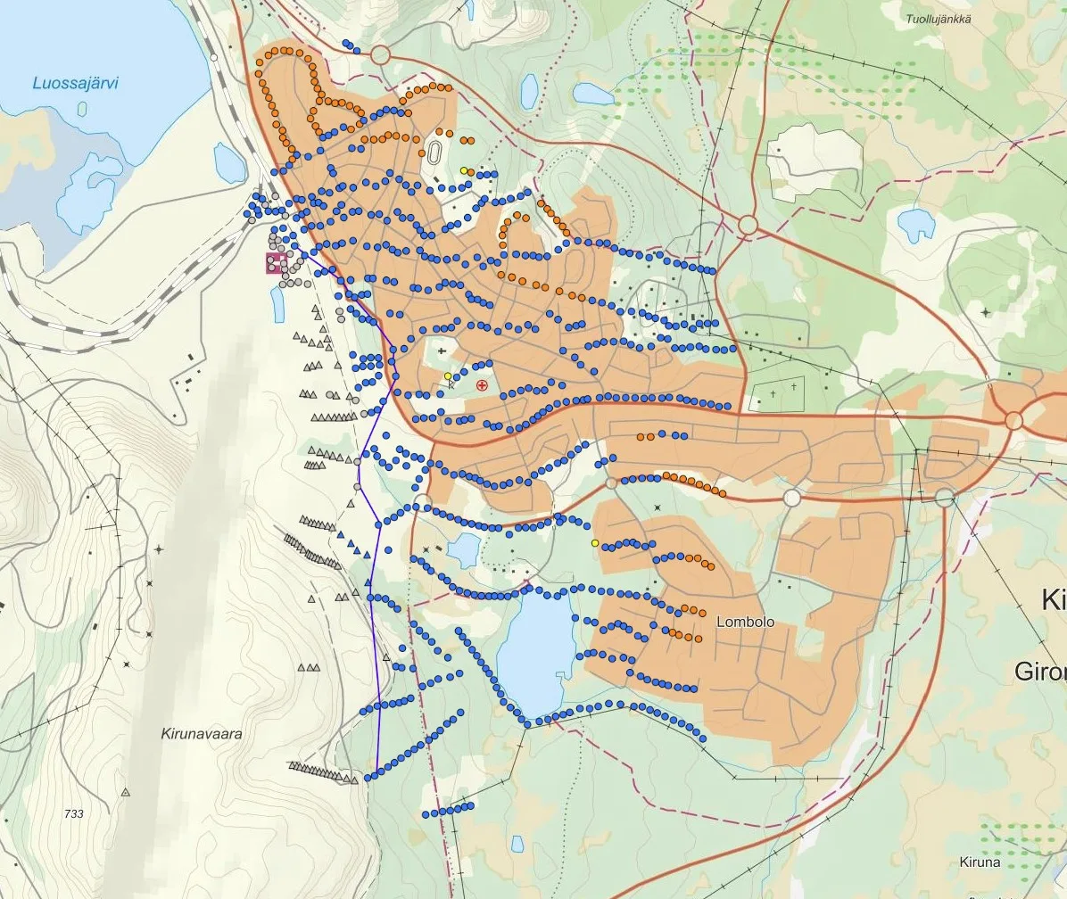 Karta över utplacerade mätplintar i Kiruna